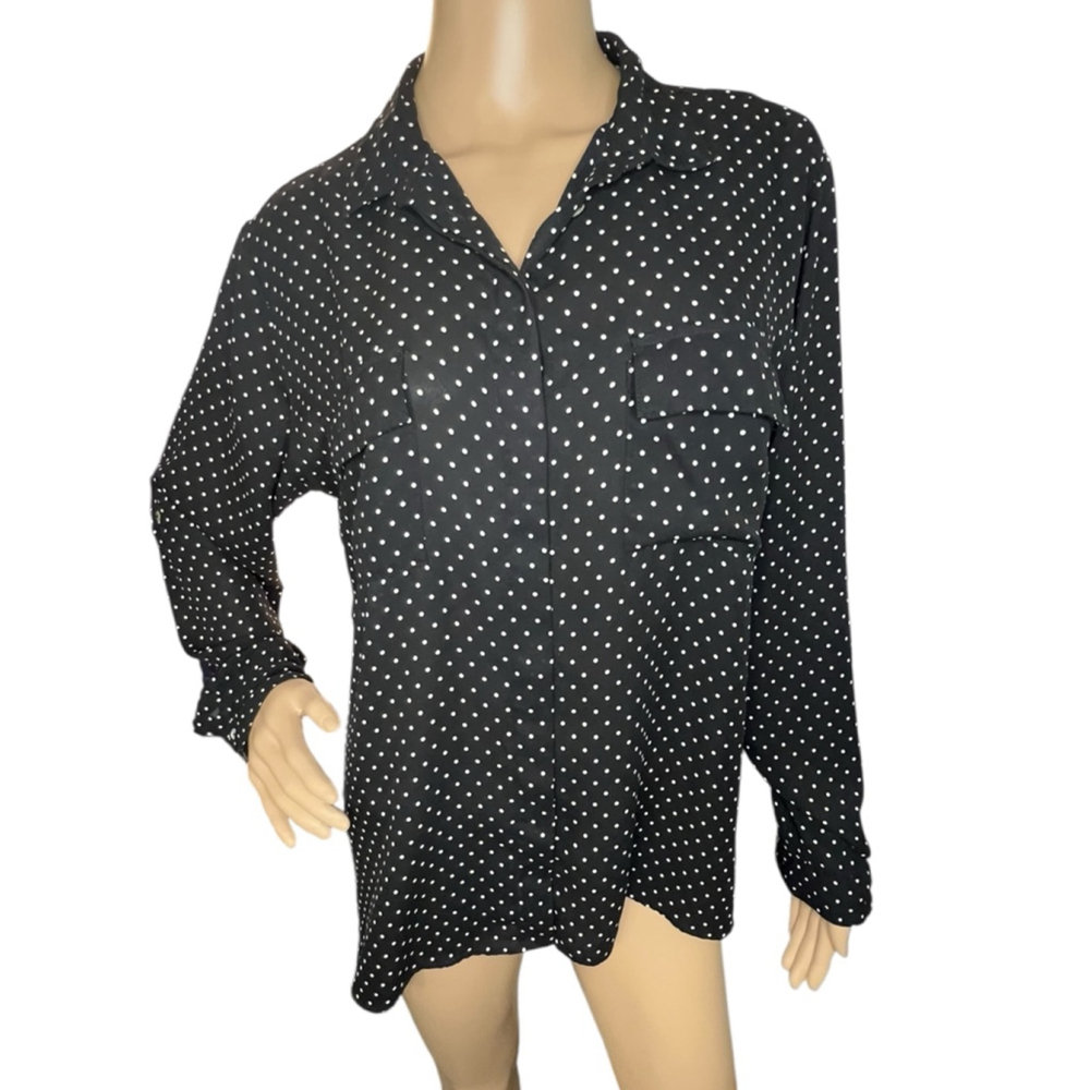 ZARA Black And White Polkadot Long Sleeve Button Up Blouse With Pockets